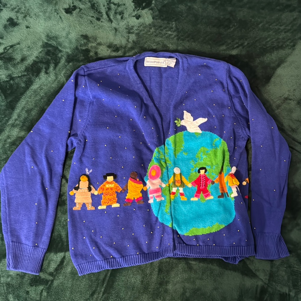 VTG “Small World” Knit Cardigan Ms. Frizzle Teacher